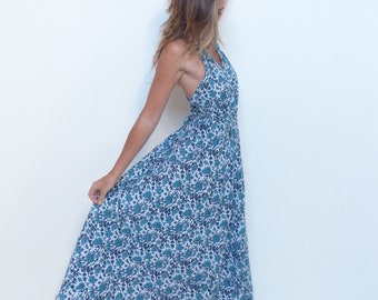 long blue dress with flowers backless ethnic cotton block print beach summer