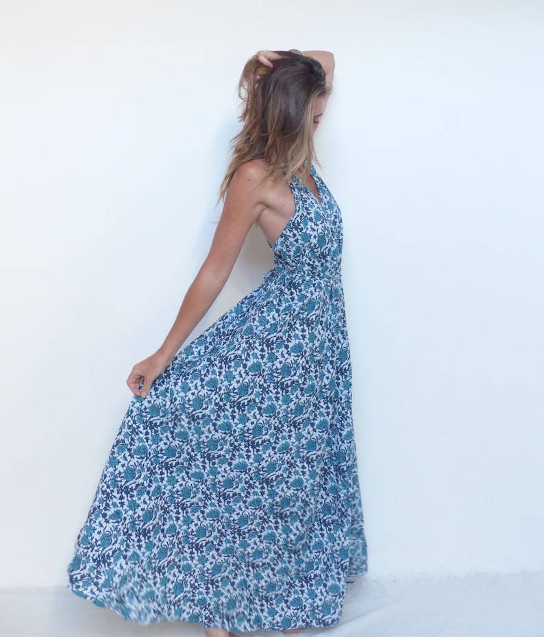 long blue dress with flowers backless ethnic cotton block print beach summer image 1