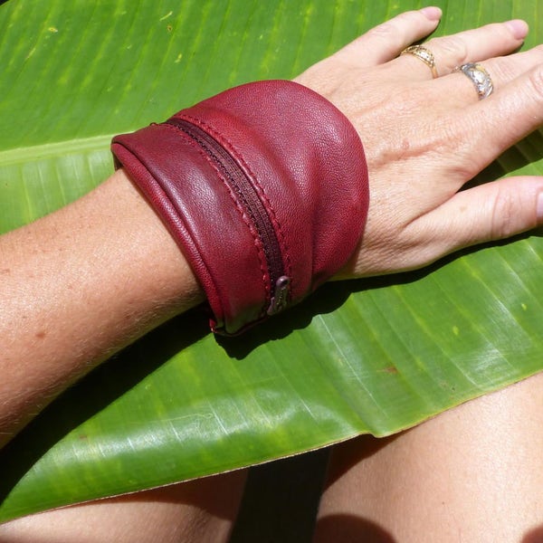 Burgundy leather wallet for wrist, bracelet, festival concert