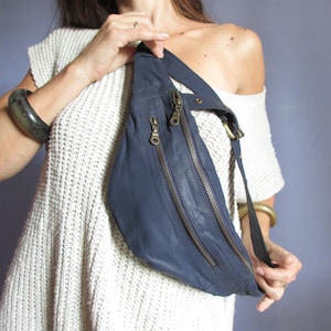blue leather fanny pack