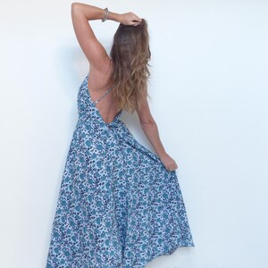 long blue dress with flowers backless ethnic cotton block print beach summer image 3