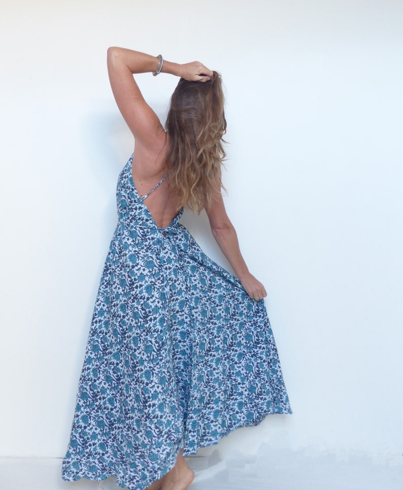 long blue dress with flowers backless ethnic cotton block print beach summer image 3