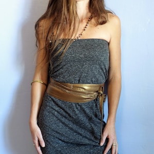 wide obi belt, women, gold, adjustable to tie, in soft leather, wrap around, secret interior pocket