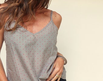 Gray camisole top with pink embroidered polka dots casual thin strap summer beach