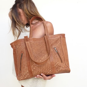 Camel braided leather tote bag