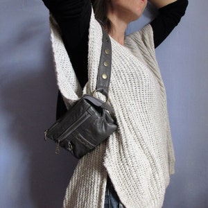 Studded gray leather fanny pack, original multi-pocket, coin purse