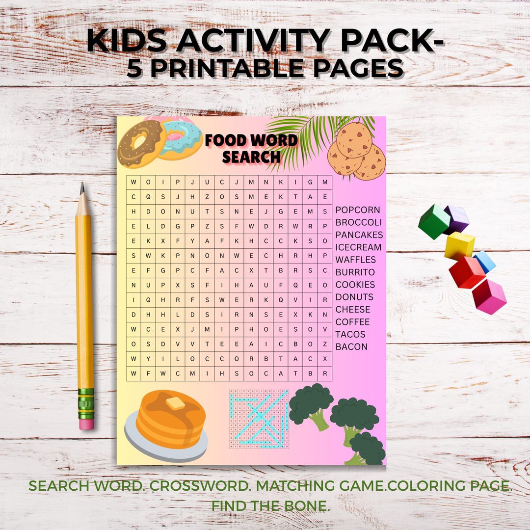 Printable Kids Activity Pack- 5 Pages/ Word Search. Coloring. Maze. Etc ...