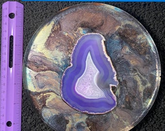 Handmade Resin Wall Hanging with Dyed Agate Slice | Crystal-Infused Art for Spiritual Harmony, Colorful Swirls, Unique Gift, 7" Diameter