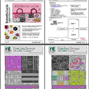May include: Crochet pattern for a small handbag called "Borsetta Lucia". The pattern includes a color chart, a diagram of the bag, and instructions for making the bag. The bag is pink with black and white stripes.