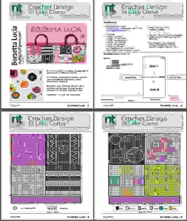 May include: Crochet pattern for a small handbag called "Borsetta Lucia". The pattern includes a color chart, a diagram of the bag, and instructions for making the bag. The bag is pink with black and white stripes.