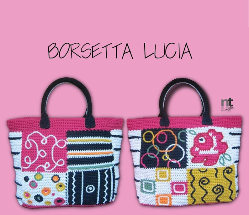 May include: Two crocheted tote bags with colorful geometric patterns. The bags are pink, black, white, yellow, and orange. The text "BORSETTA LUCIA" is at the top of the image.
