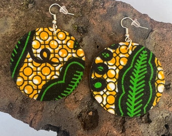 African Fabric Green and Yellow 2” Wood Earrings
