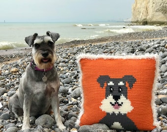 Coussin au crochet tunisien Schnauzer salé