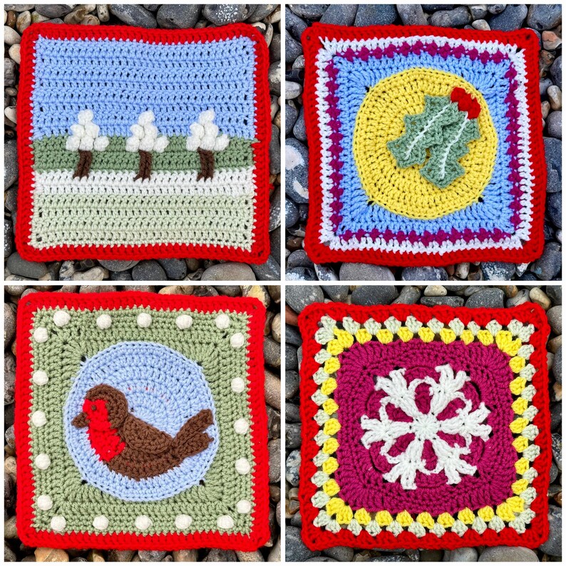 Puede incluir: Cuatro cuadrados de ganchillo con diferentes dise&ntilde;os. El primer cuadrado es azul, verde y blanco con una escena de invierno. El segundo cuadrado es amarillo, azul, rojo y blanco con un dise&ntilde;o de acebo. El tercer cuadrado es verde, azul y marr&oacute;n con un dise&ntilde;o de petirrojo. El cuarto cuadrado es rosa, amarillo y blanco con un dise&ntilde;o de copo de nieve.