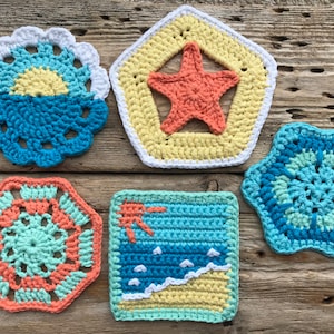 May include: A collection of colorful, handmade crochet coasters in various shapes. Designs include a sunrise, starfish, and beach scenes. The coasters are made with blue, yellow, white, and coral yarn, perfect for adding a touch of coastal charm to any home.