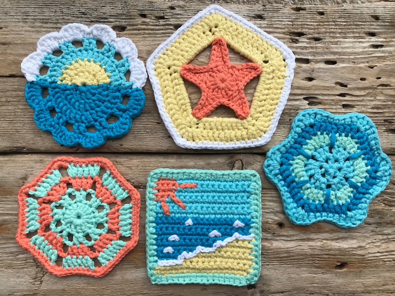 May include: A collection of colorful, handmade crochet coasters in various shapes. Designs include a sunrise, starfish, and beach scenes. The coasters are made with blue, yellow, white, and coral yarn, perfect for adding a touch of coastal charm to any home.