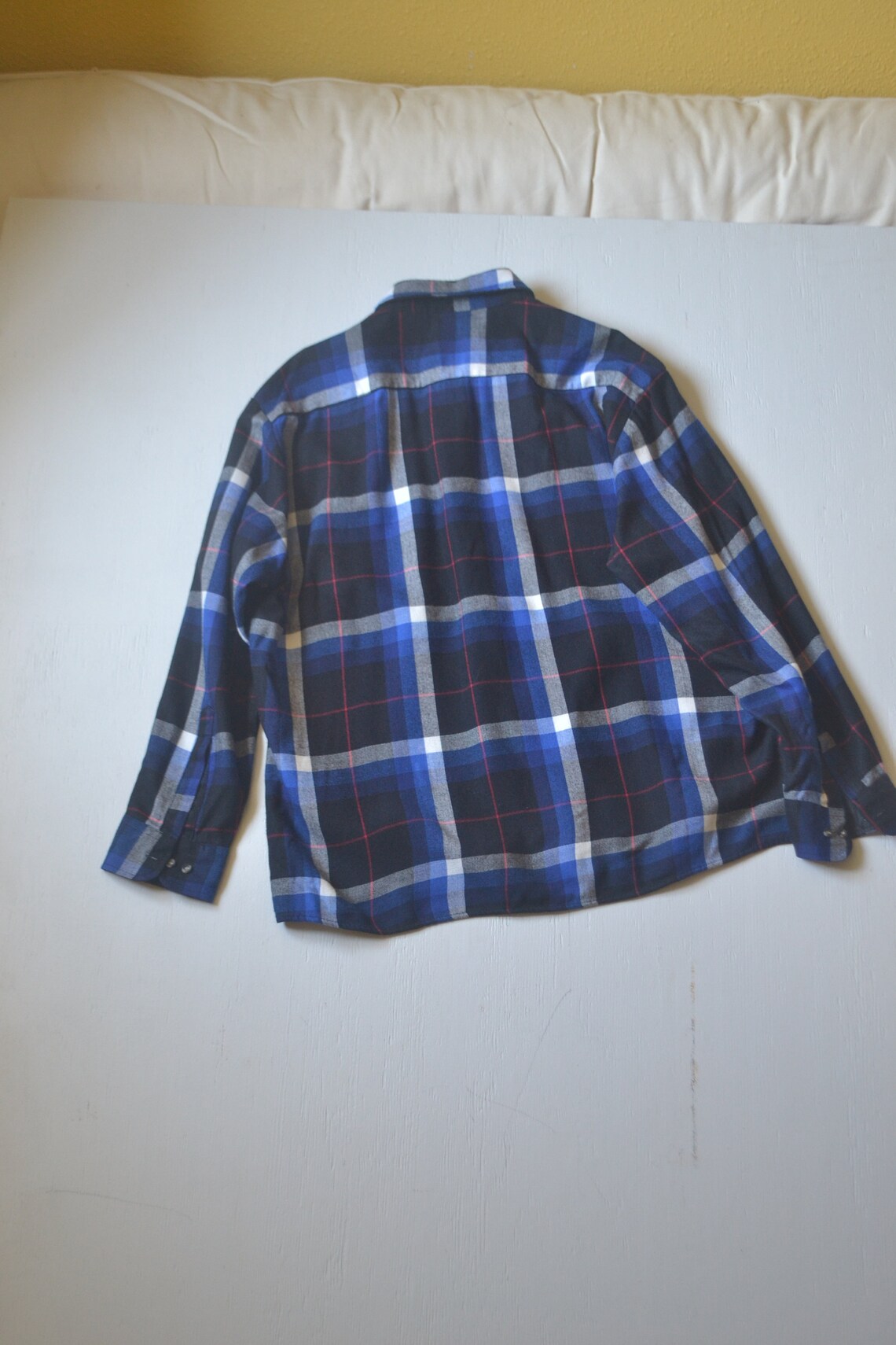 Vintage Blue Black Lumberjack Plaid Check Long Sleeve Cotton Flannel Shirt