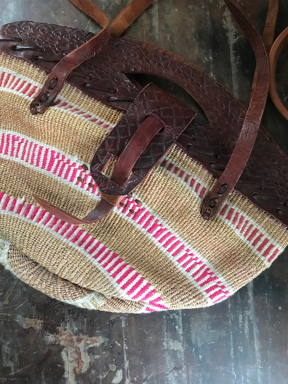 vintage woven world market bag // leather + jute … - image 3