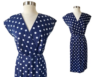 MEDIUM / LARGE vintage navy and white polka dot wrap dress // 1980s v-neck cotton summer dress // 1990s preppy blue and white feminine frock