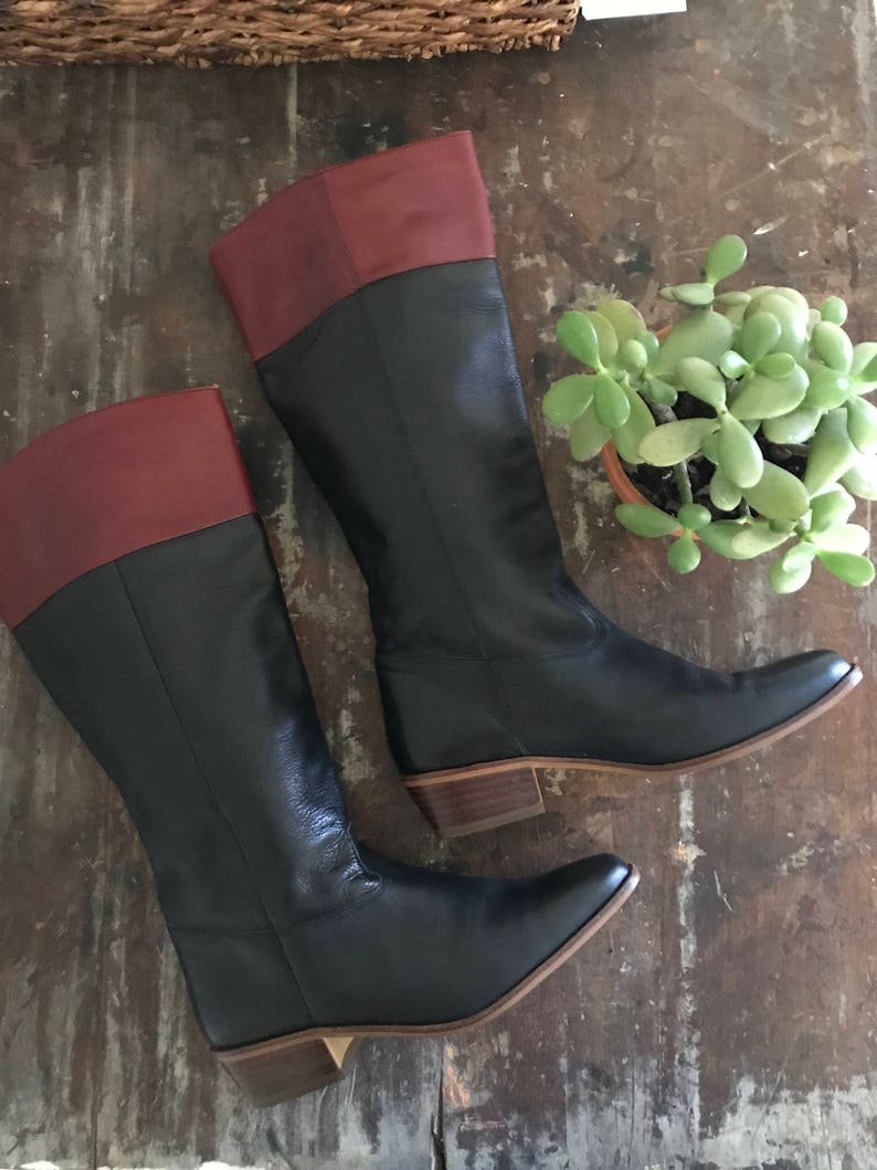oxblood leather riding boots tall classic 1940s-style boots size 7-8 narrow vintage nine west equestrian boots black