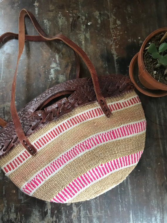 vintage woven world market bag // leather + jute … - image 6