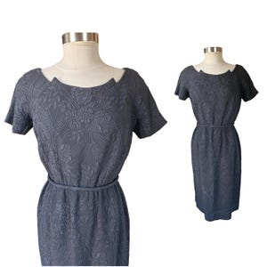 LARGE / XL little black dress // 1950s floral brocade evening dress with matching tie belt // fifties cutout neckline lbd // classic dinner