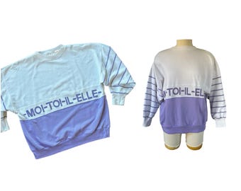 OVERSIZED vintage Frans sweatshirt // moi toi il elle // paarse en witte kleurbloktrui met strepen // comfortabele boxy jaren 80/90