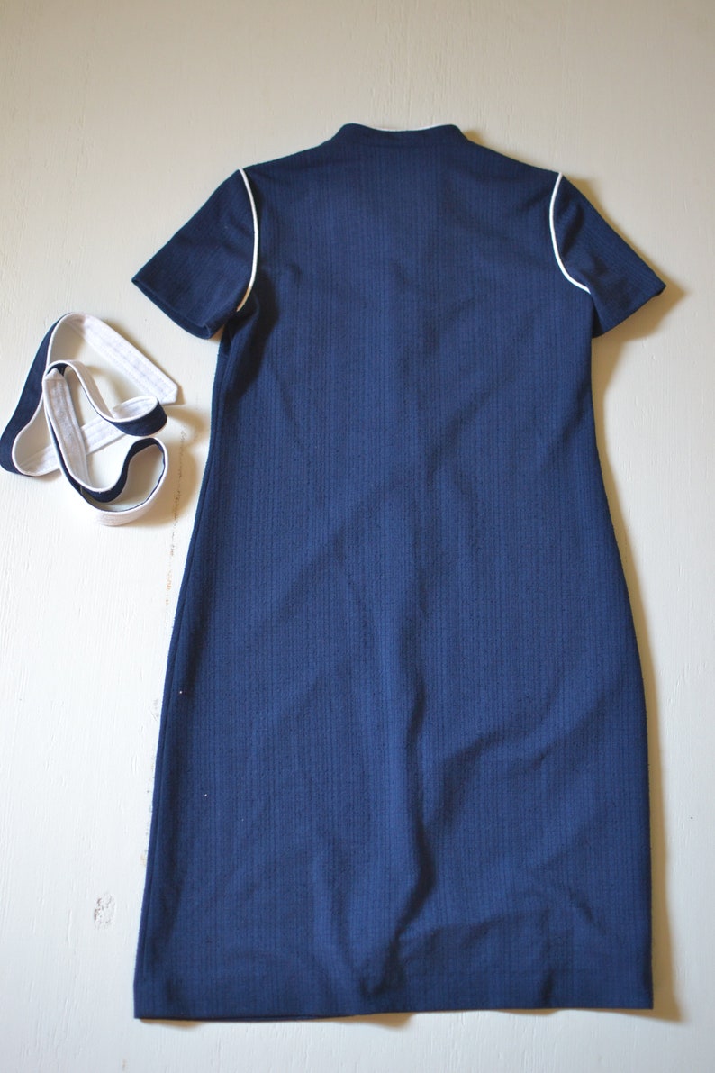 vintage navy shirtwaist with white tie belt 1970s sporty blue dress seventies navy and white nautical frock mediumlarge petite