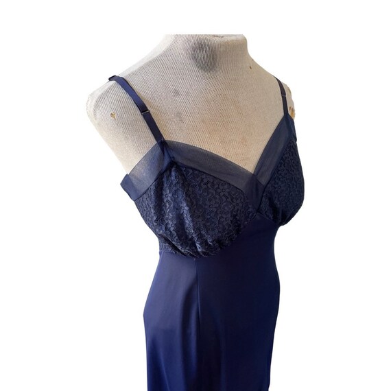 1960s navy nylon silky slip with lace bodice // s… - image 7