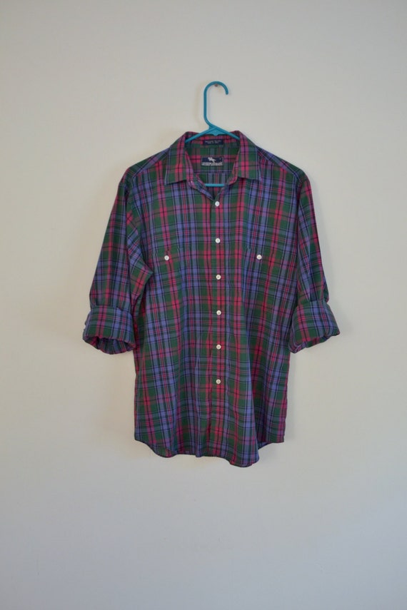 vintage men's plaid button up // 1980s preppy gre… - image 4