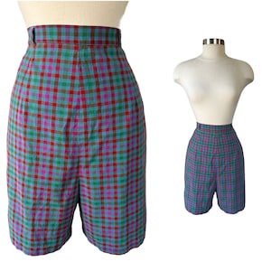 MEDIUM 1960s colorful plaid golf shorts // 1970s women&#39;s high-waisted Bermuda shorts // sixties summer fun pink blue green purple short