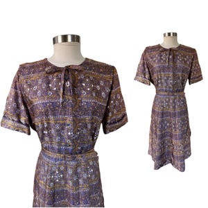 XXL 1940s/50s purple and gold belted shirtwaist // vintage shirtdress with stripes and floral pattern // handmade regal rhinestone button up