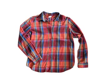 vintage plaid button up blouse // 1970s lightweight cotton shirt // rainbow plaid seventies top // medium