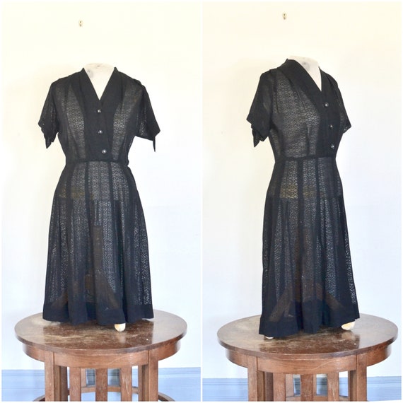 1940s black rayon patterned shirtwaist // mid-cent