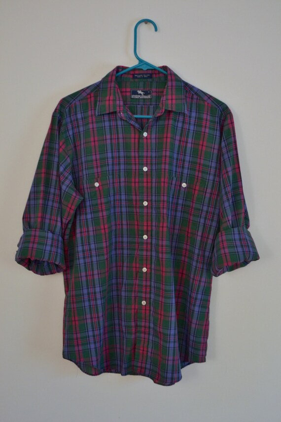 vintage men's plaid button up // 1980s preppy gre… - image 5