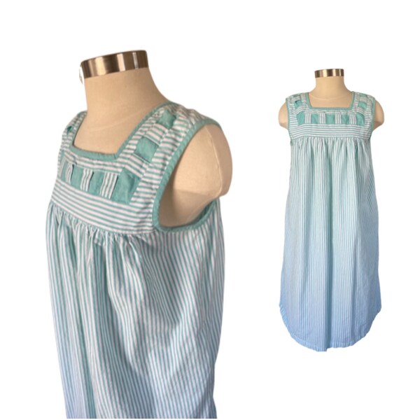 LARGE / XL 2000s apron dress with green and white stripes // easy breezy summer dress pockets // 90s striped sleeveless comfy housedress