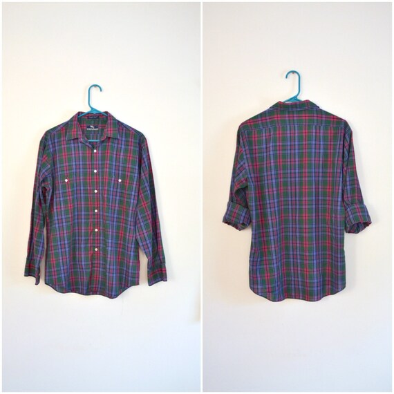 vintage men's plaid button up // 1980s preppy gre… - image 3