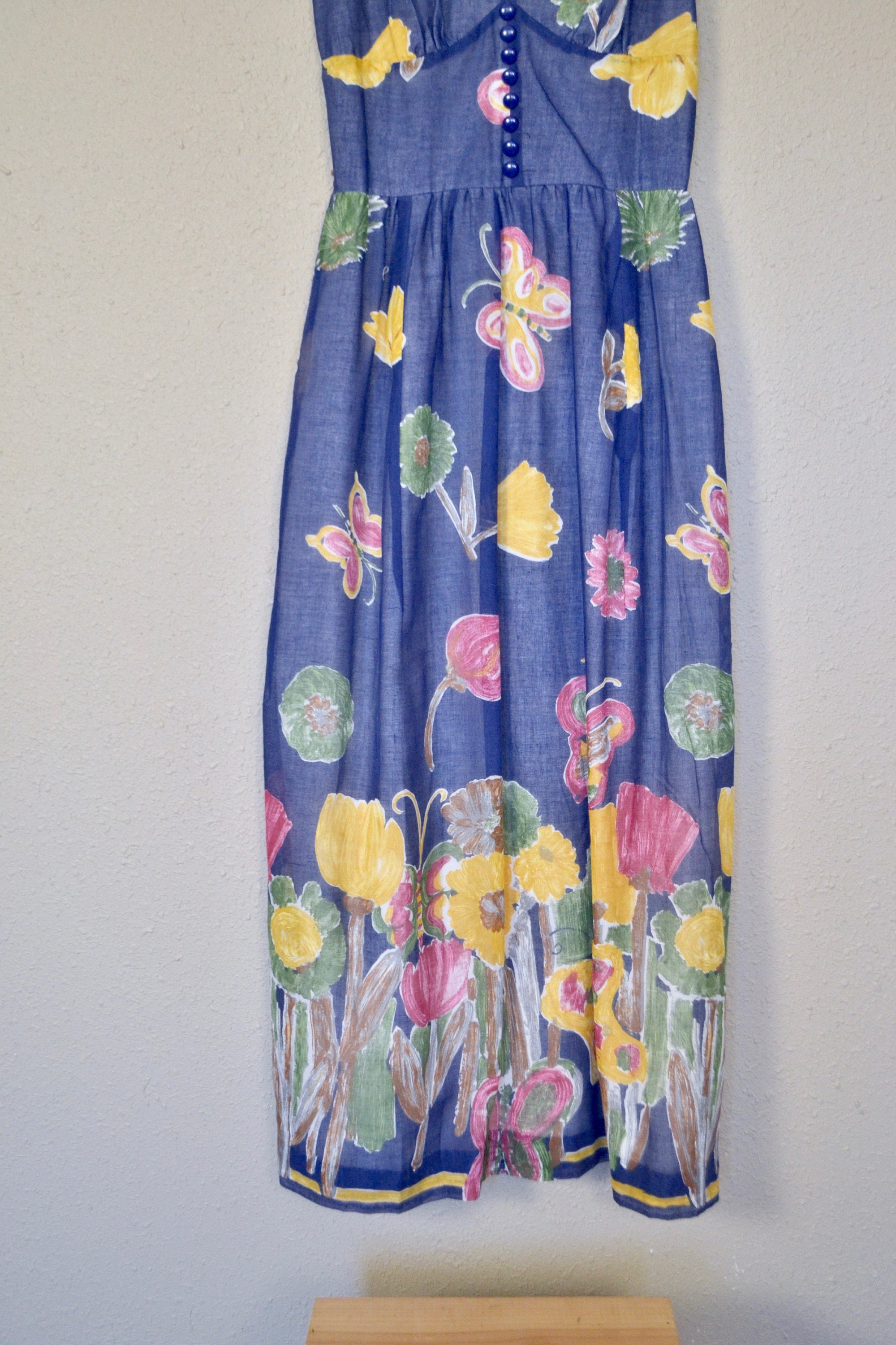 Vintage Full-length Butterfly Dress // 1970s Blue Festival - Etsy