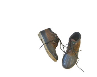 vintage brown and navy duck boots // all weather waterproof rain and snow boots // rubber + suede booties // size 7