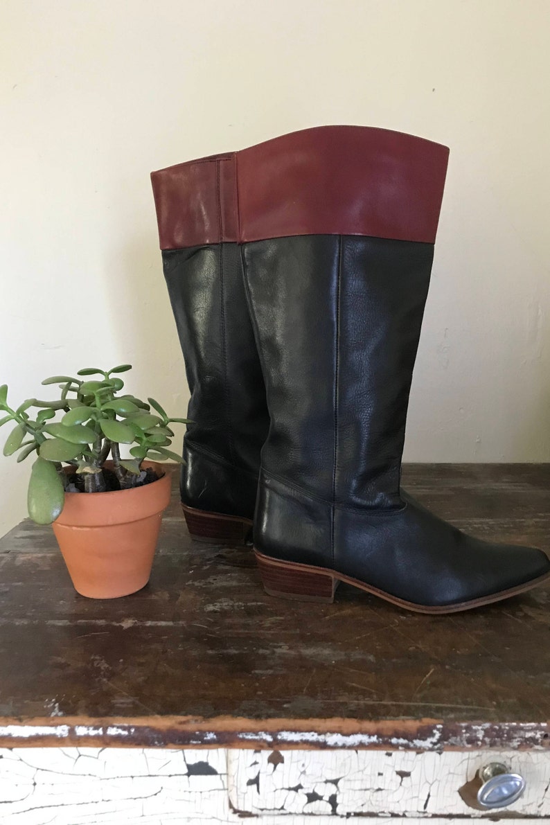oxblood leather riding boots tall classic 1940s-style boots size 7-8 narrow vintage nine west equestrian boots black