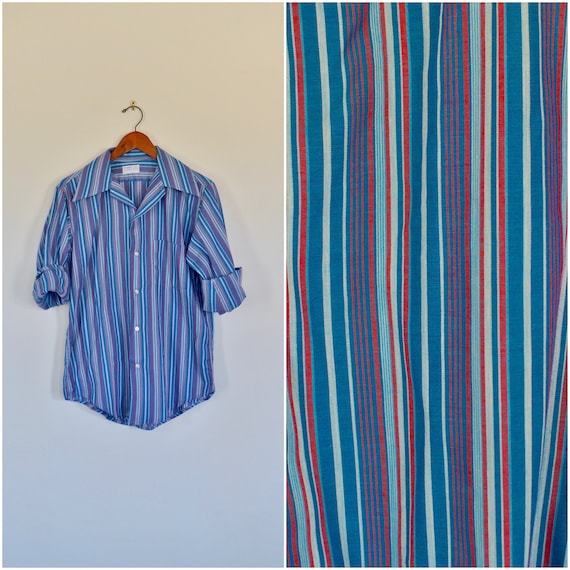 1950s men's blue and red striped button up // vint