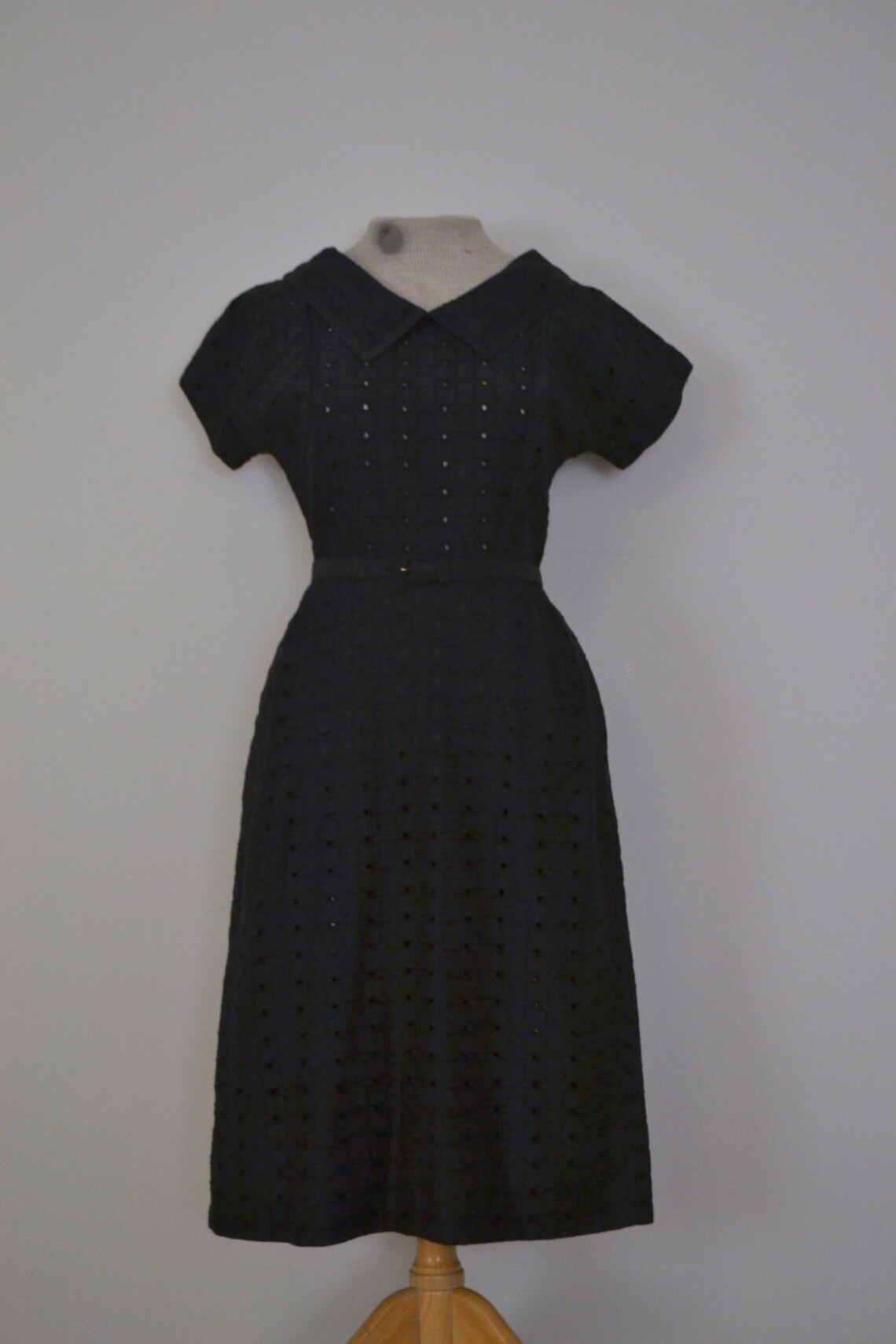 1950s charcoal square eyelet dress // fifties cotton collared Etsy