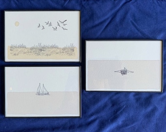 4 x 6" Artworks - By The Water Collection (Beach Dunes, Sailboat in Water, and Rowboat in Water) - Hand Stamped & Painted, Set of 3