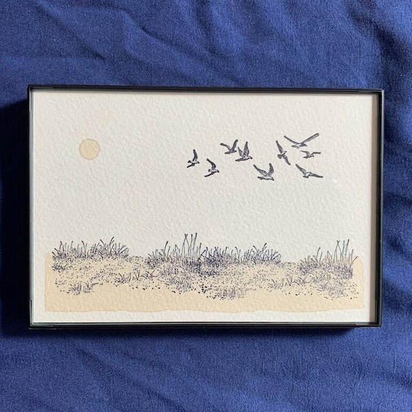 Framable 4 x 6" Beach Dunes Artwork - Hand Stamped & Painted (Natural Dye)