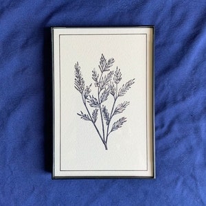 Obra botánica en blanco y negro de 4 x 6 pulgadas - Rama de árbol de té - Estampada a mano