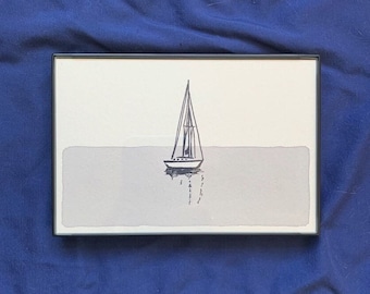 4 x 6" Horizontal Sailboat in Water II Artwork - Hand Stamped & Painted (Natural Dye)