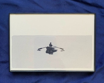 4 x 6" Horizontal Rowboat in Water II Artwork - Hand Stamped & Painted (Natural Dye)