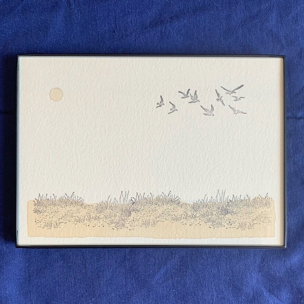 Framable 5 x 7" Beach Dunes Artwork - Hand Stamped & Painted (Natural Dye)