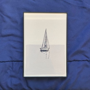 4 x 6&quot; Vertical Sailboat in Water II Artwork - Hand Stamped & Painted (Natural Dye)