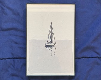4 x 6" Vertical Sailboat in Water II Artwork - Hand Stamped & Painted (Natural Dye)